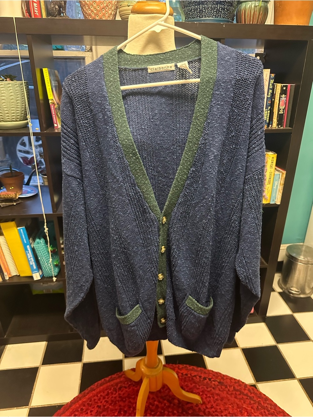 Vintage 90s cotton/linen blend midnight and moss Liz Claiborne cardigan size XL